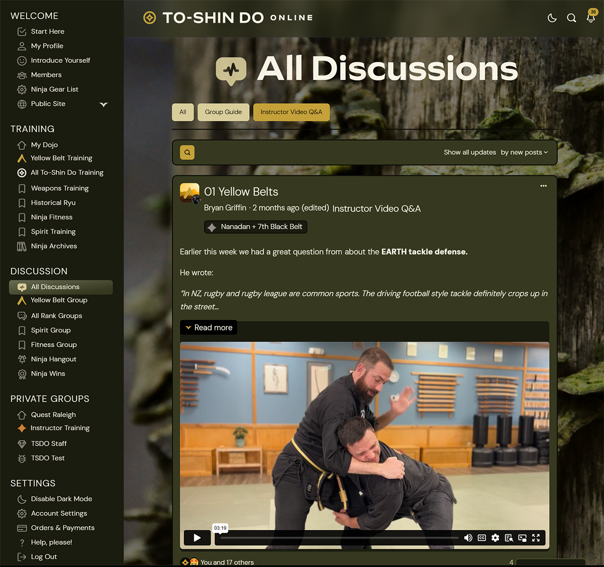 IntheYellowBeltDiscussionGroupinstructorBryanGriffinsharesavideoinwhichheanswersaquestionaboutdefendingoneselffromatackleinsidetheTo-ShinDoOnlinemembers-onlycontentarea.